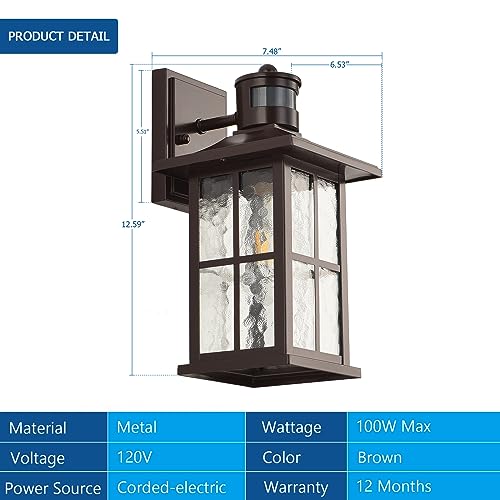 2 Pack Motion Sensor Outdoor Wall Lights Dusk to Dawn Exterior Porch Lantern Brown Outside Sconce Lighting Fixtures Rustic Farmhouse Wall Mount Carriage Lamp for House Garage Patio (2 Count)