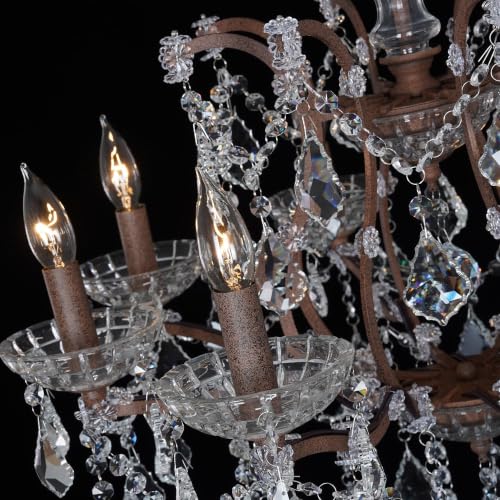 6 Light Vintage Crystal Chandeliers Maria Theresa French Country Farmhouse Chandeliers Light with K9 Crystal Pendants Distressed Brown Iron Frame Pendant Light for Bedroom Foyer Dining Room Rust color
