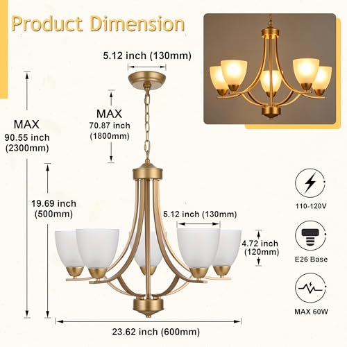 Modern Chandelier 5 Light Mid Century Alabaster Glass Classic Hanging Chandeliers in Gold Finish Pendant Light Fixtures for Dining Room