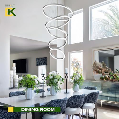 5 Rings Modern LED Chandelier Silver High Ceiling Chandelier with Remote Control Dimmable Pendant Lighting for Dining Room Foyer Living Room Entryway Staircase