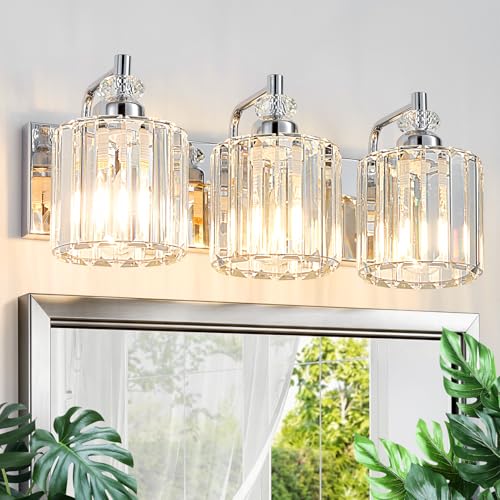 3 Light Modern Bathroom Light Fixture Chrome Bathroom Vanity Lights Over Mirror Wall Sconce Lighting with K9 Crystal Shades E26 Base for Bedroom