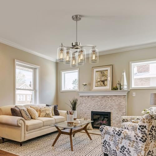 6 Light Brushed Nickel Chandeliers for Dining Room Light Fixtures Over Table (6 Count)