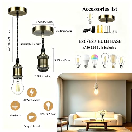 UL Listed] Vintage Brass Pendant Light Kit Industrial