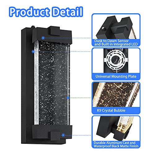 Black Wall Sconce with K9 Crystal Bubble and Dusk to Dawn Sensor