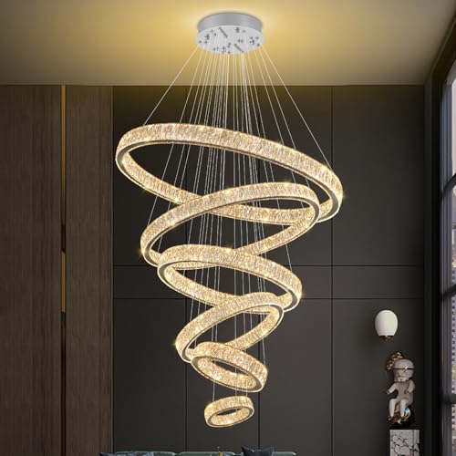 Extra Large 6 Ring Crystal Chandelier Modern LED Long Crystal Chandelier for High Ceiling Height Adjustable D8+15.7"+23.6"+31.5"+39.4"+47.5" Dimmable 2700K