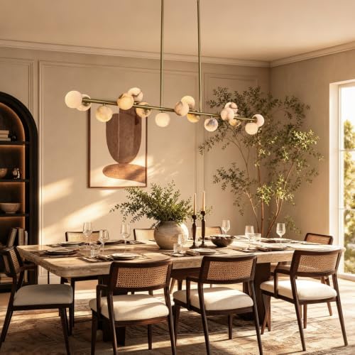 16 Light Gold Linear Alabaster Chandelier with Sputnik Globe Shades