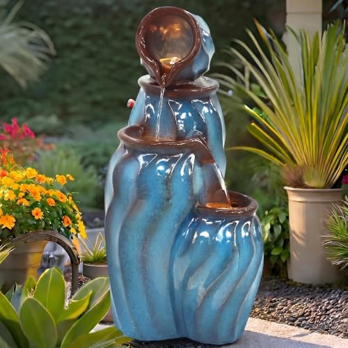 Faux Ceramic Outdoor Water Fountain with LED Lights