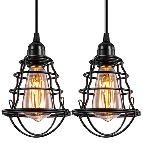 Industrial Pendant Light INNOCCY Edison Hanging Cage Pendant Lights E26 E27 Base Vintage Adjustable Pendant Lamp Fixture for Kitchen Home Lighting 2 Pack (2 Count)