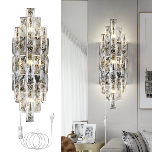 Modern Plug in Wall Sconce Crystal Wall Sconces Indoor Wall Lamp for Bedroom Chrome Light Fixture with Plug in Switch Vanity Wall Mount Lamps for Living Room Bedroom Bathroom Bedside Hallway