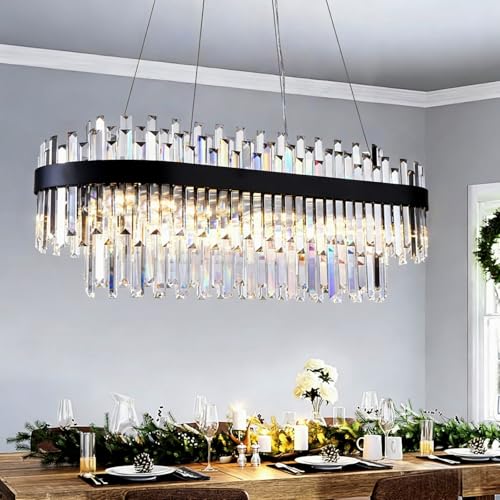 35.4" Black Rectangular Crystal Chandelier Dining Room Kitchen