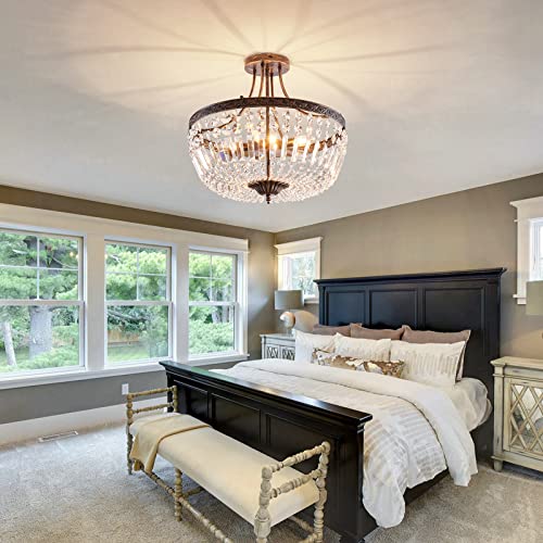 5 Light Retor Crystal Ceiling Light Fixture Oil Rubbed Bronze Semi Flush Mount Chandelier Ceiling Lamp for Living Room Dining Room Entryway Hallway Foyer Bedroom Laundry Bathroom