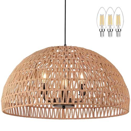 24" Brown Woven Pendant Light Boho Chandelier Dome Rustic Farmhouse Chandelier Wicker Pendant Light Rattan Light Fixture for Dining Room Living Room Bedroom Kitchen Island Foyer