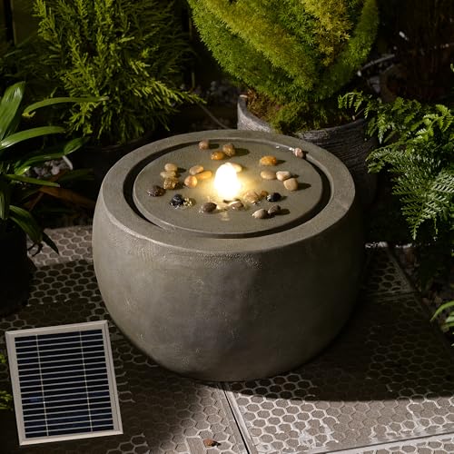 Solar Water Fountain Outdoor Garden Bubbler Water Feature Fountains Solar Powered with Pebbles for Patio Deck Yard Home Decor Gray