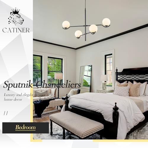 Modern 31" 4 Light Black Sputnik Chandelier with Milk Glass Globe (4 Count)