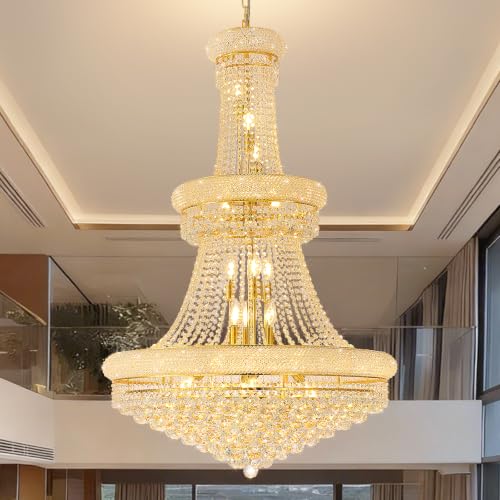 27 Lights High Ceiling Chandelier Modern Gold Crystal Chandeliers Large Foyer Chandelier Fixtures for Staircase Living Room Hallway Entryway