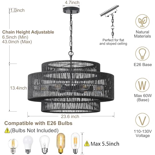 23.6" Black Large Boho Rattan Chandelier Light Fixture