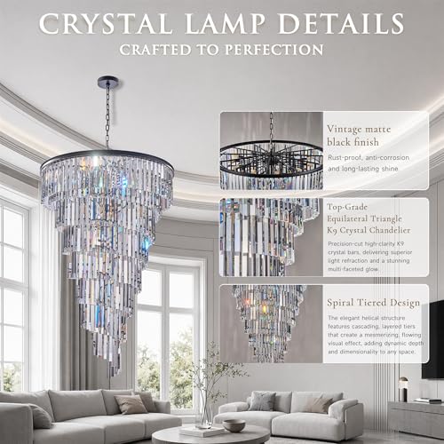36'' Spiral Crystal Chandelier Black Modern Light Fixture