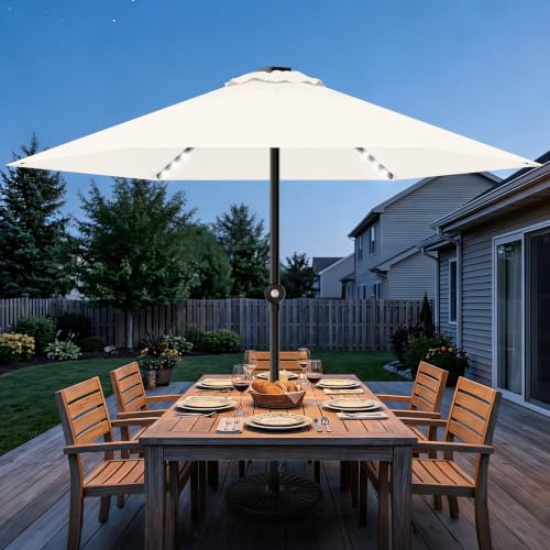 Patio Umbrella 9FT Solar Lights Push Up Outdoor Market Umbrella Cream White