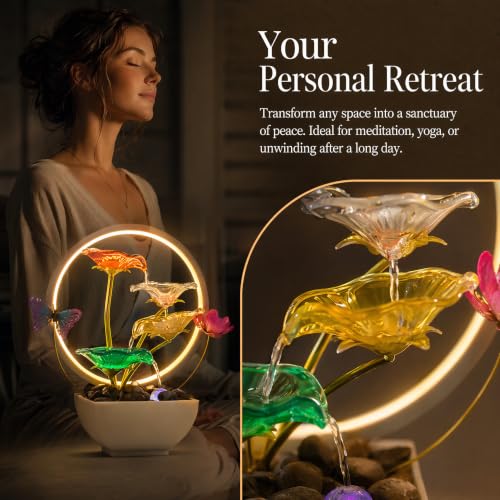 Tabletop Fountain Acrylic Lotus Indoor Fountain Water Feature for Zen Home Office Fengshui Decor Warm Light