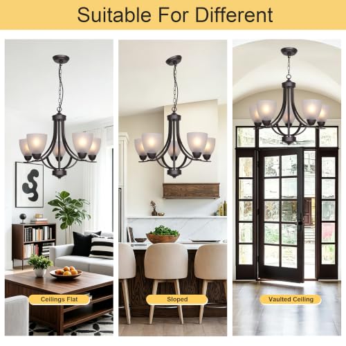 5 Light Shaded Contemporary Chandeliers with Alabaster Glass Oil Rubbed Bronze Modern Light Fixtures Ceiling Hanging Rustic Pendant Lighting for Dining Room Foyer Bedroom Living Room
