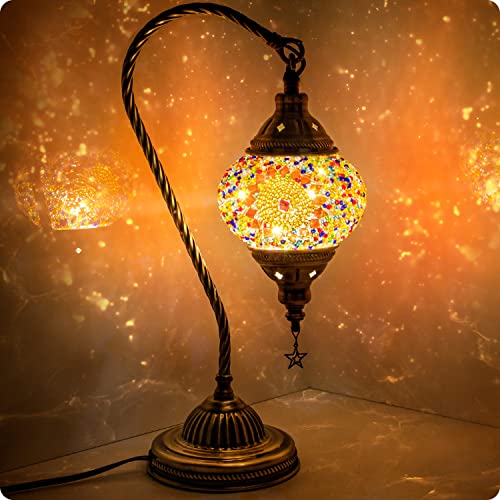 Turkish Moroccan Lamp with Bronze Base 3 Color Options Handmade Swan Neck Mosaic Glass Bedside Lamps for Bedroom