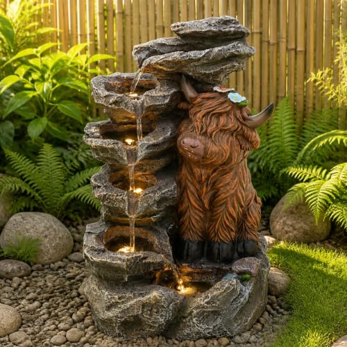 6 Tier Outdoor Water Fountain LED Waterfall with Highland Cow