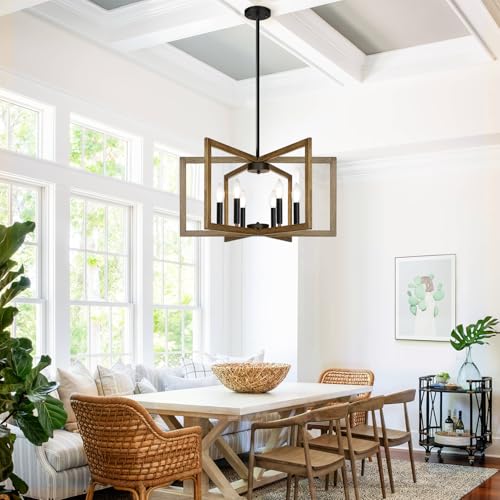 25" 61" Height Adjustable Retro Wood Texture Chandelier for Dining Room