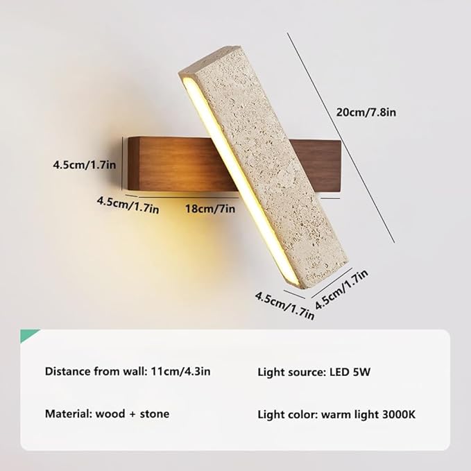 Modern LED Wall Sconce Wood Base Travertine Style Bar Light Minimalist Japandi Fixture Asymmetrical Design for Bedroom Hallway Living Room Accent(Brown)