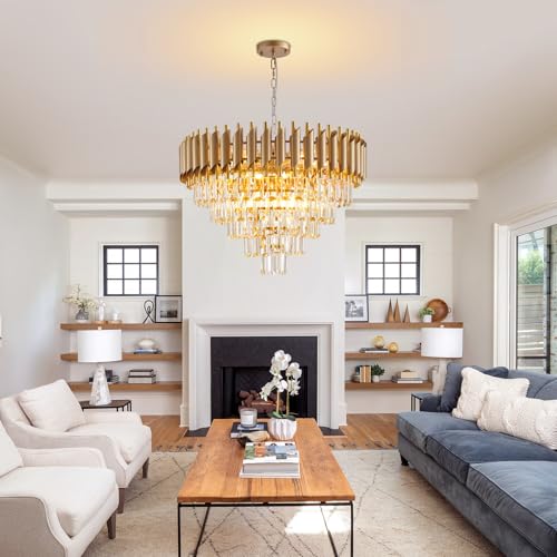 Gold Crystal Chandelier 24" Modern Living Room Chandeliers