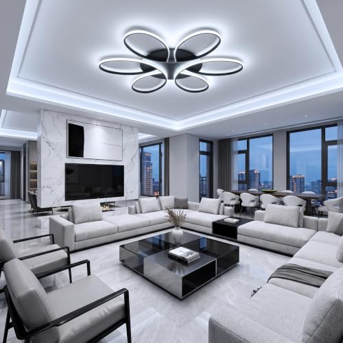 Modern LED Ceiling Light Fixture Black Flush Mount Ceiling Lamp with Remote Control Dimmable 6 Rings Flower Shaped Ideal for Living Room Bedroom Tearoom Kitchen