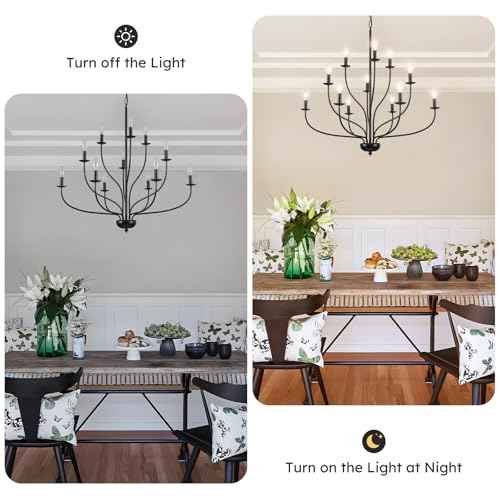 Black Chandelier for Dining Room, 12-Light Large Foyer Chandelier for High Ceilings, 36" Industrial Candle Light Fixtures, Modern Farmhouse Chandeliers for Living Room Staircase Entryway Kitchen
