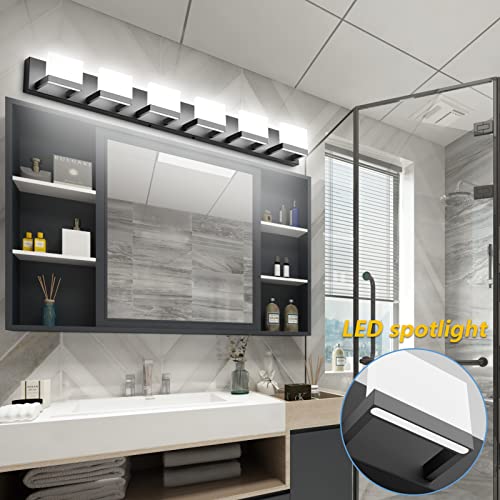 Dimmable Modern 6 Lights LED Vanity Light for Bathroom Up and Down Black Bathroom Wall Light Fixtures Over Mirror