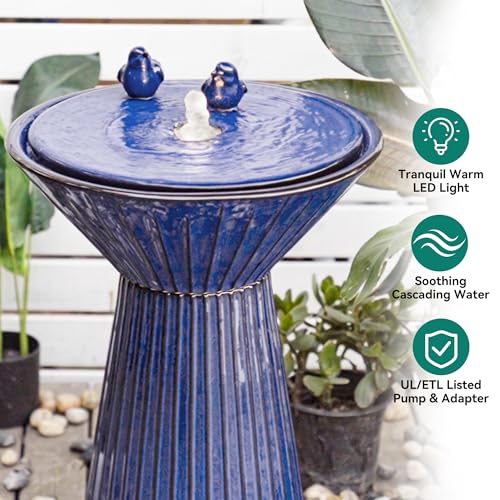 Autodaya 28" Ceramic Outdoor Water Fountain LED Birdbath
