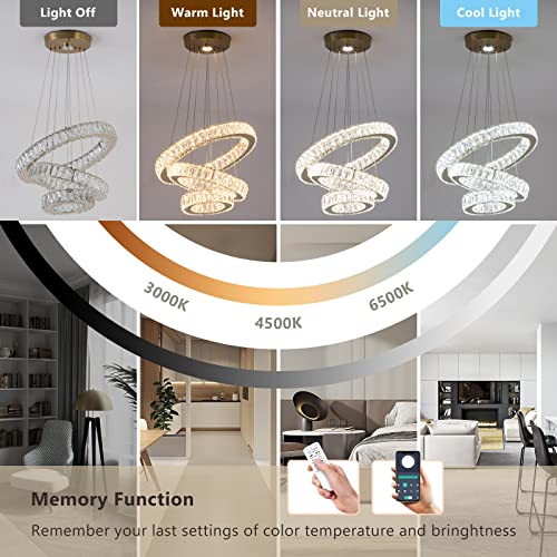 Dimmable Modern LED Chandelier 3 Ring Pendant Light Crystal Chandelier for Dining Room Living Room Bedroom