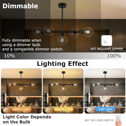 5 Lights Linear Chandelier Modern Black Clear Glass Globe Pendant Light
