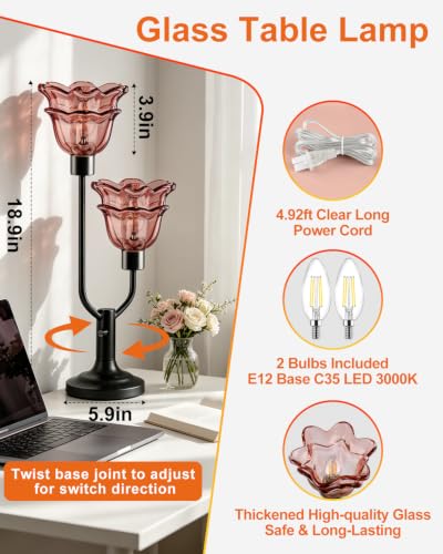 Mid Century Modern Flower Table Lamp Red Glass Lamp Gift Dimmable