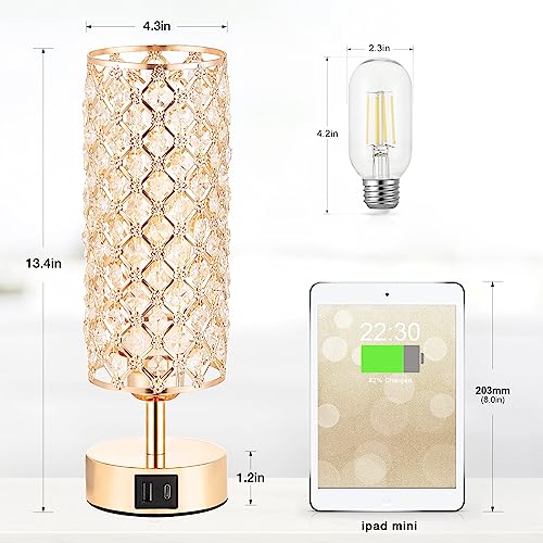 Gold Crystal Touch Lamp for Bedroom with USB