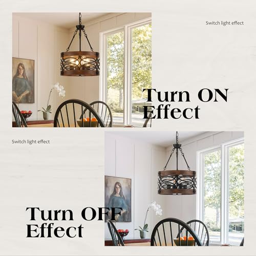 4 Light Farmhouse Drum Wood Pendant Light 13.8'' Vintage Rustic Brown Oak Wood Chandeliers (4 Count)