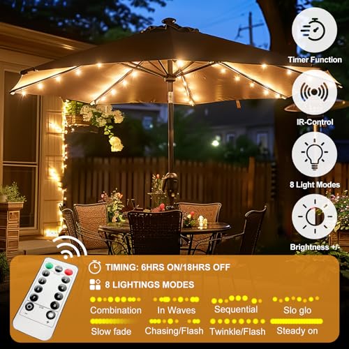 Patio Umbrella Lights Cordless 120 LED Table Umbrella Lights with Remote Control Battery Operated Waterproof Parasol String Lights for 7