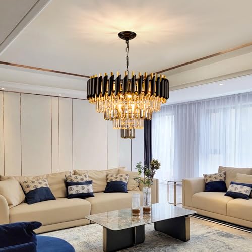 7 Light Modern Crystal Chandelier 20" Dining Room Light Fixtures 4 Tiers Flush Mount Smoke Grey and Gold Chandelier Round Chandeliers for Dining Room Living Room Kitchen Entryway Foyer