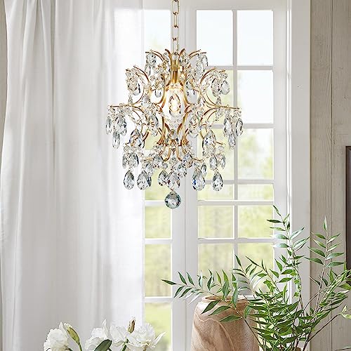 Gold Modern Pendant Chandelier Crystal Raindrop Lighting Ceiling Light Fixture Lamp for Dining Room Bathroom Bedroom Livingroom entryway 1 E26 Bulbs Required D13 in x H16 in