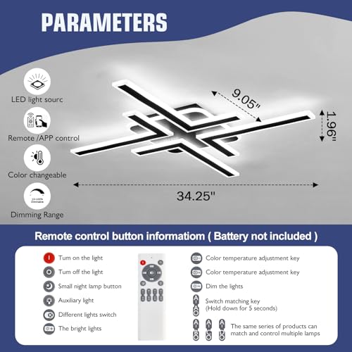 Modern Sputnik Flush Mount Ceiling Light Fixture 34.25Inches LED Dimmable Ceiling Light with Remote Control 3 Color 64W Black Chandelier for Kitchen Dining Room Living Room Bedroom