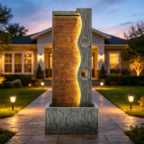 AUTODAYA 39" Zen Faux Slate Outdoor Fountain LED Cascading Waterfall
