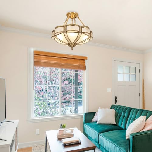Brass Semi Flush Mount Ceiling Light Fixture with Ceramic Light Socket