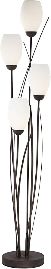 Franklin Iron Works Jareth Modern Tree Floor Lamp Standing with USB Charging Port 4-Light 73" Tall Ginger Black Metal White Glass Tulip for Cottage Core Living Room Reading House Bedroom Home Office