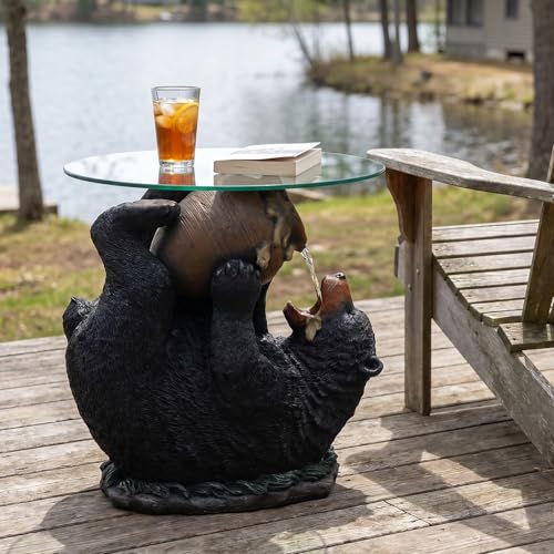 Rustic Black Bear Outdoor Water Fountain with Glass Tabletop