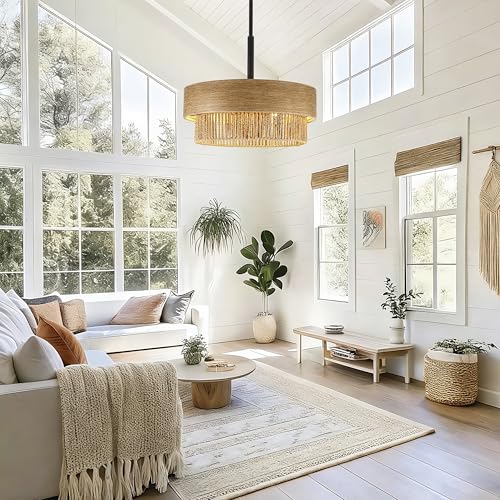 19.6" Large Wood Texture Drum Chandelier for Dining Room with Woven Rattan