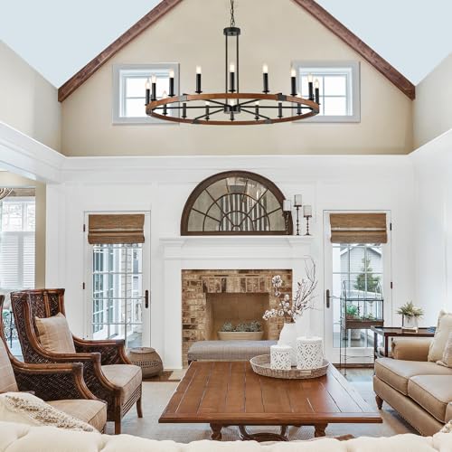 Farmhouse Walnut Wood Wagon Wheel Chandelier 47" 18 Light Round Chandeliers