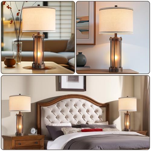 Set of 2 Farmhouse Table Lamps for Living Room with 2 USB Charging Ports (2 Count)