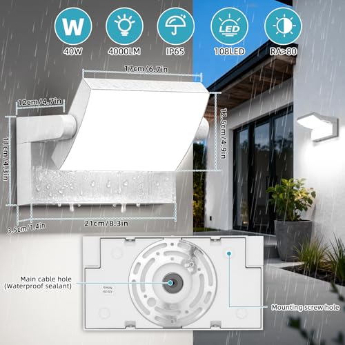 LED Wall Light Outdoor 40W White Flood Lights 350°Rotation Exterior Lighting Fixture Commercial Security 6000K Waterporof Porch Light 3 Pack (3 Count)